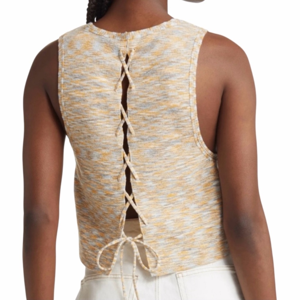 Free People Best Of Us Lace Up Back Sweater Tank Warm Sky Combo Size Small